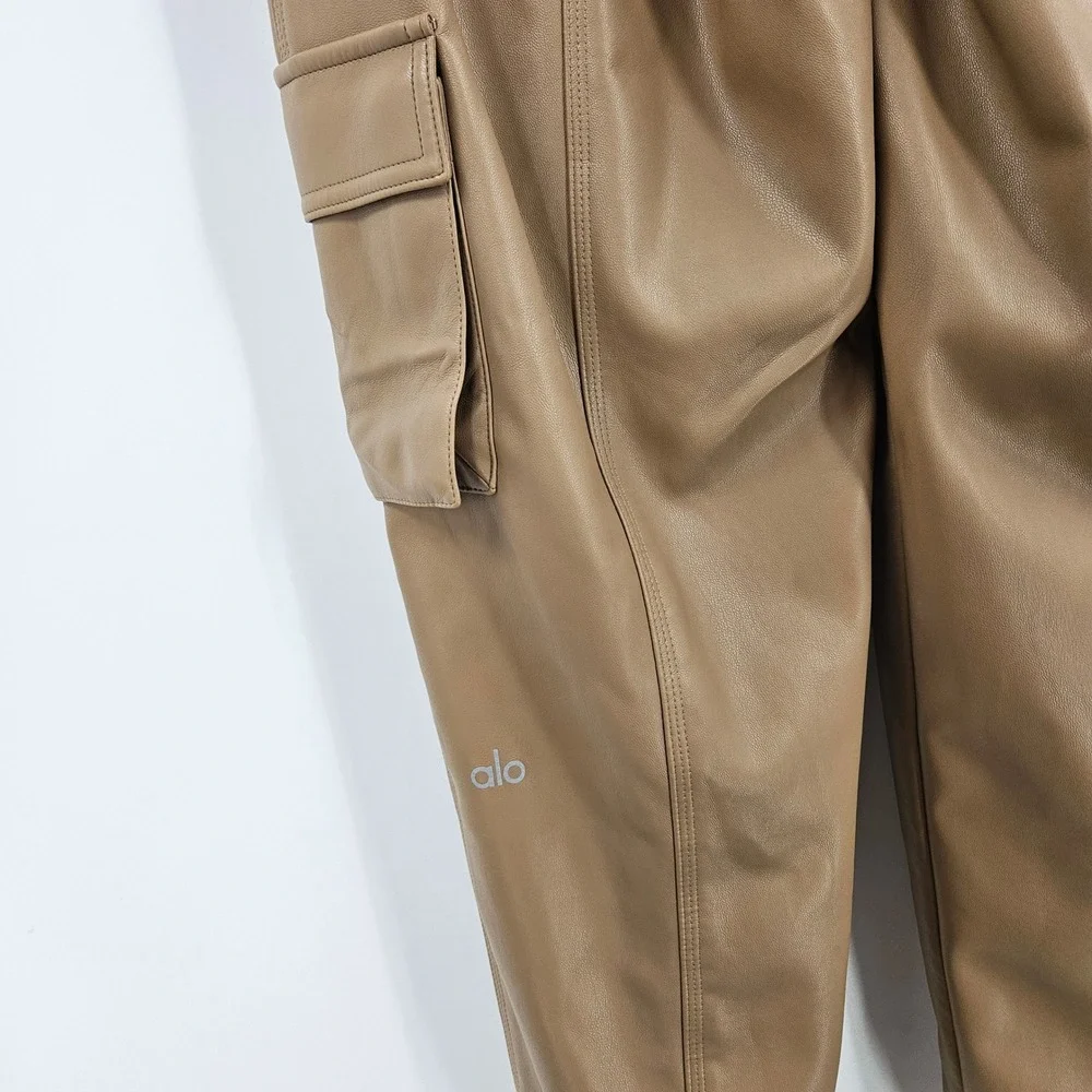 Alo Yoga Faux Leather Power Hour Jogger Pants Camel Tan High Waist Tapered Leg S